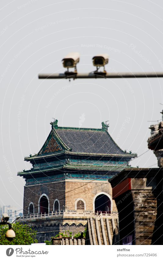 Everything at a glance Beijing China Old town Tourist Attraction Landmark Bell tower Observe Monitoring Asian architecture Video camera Surveillance camera
