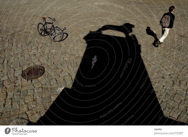 Well roared...03 Bicycle Gully Lion Braunschweig Man Shadow Cobblestones Structures and shapes Beautiful weather Human being