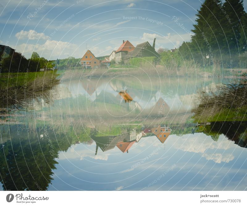 Home doubled Manmade landscape Nature Sky Clouds Spring Beautiful weather Tree Pond Franconia Village Fantastic Above Idyll Puzzle Irritation Change Illusion