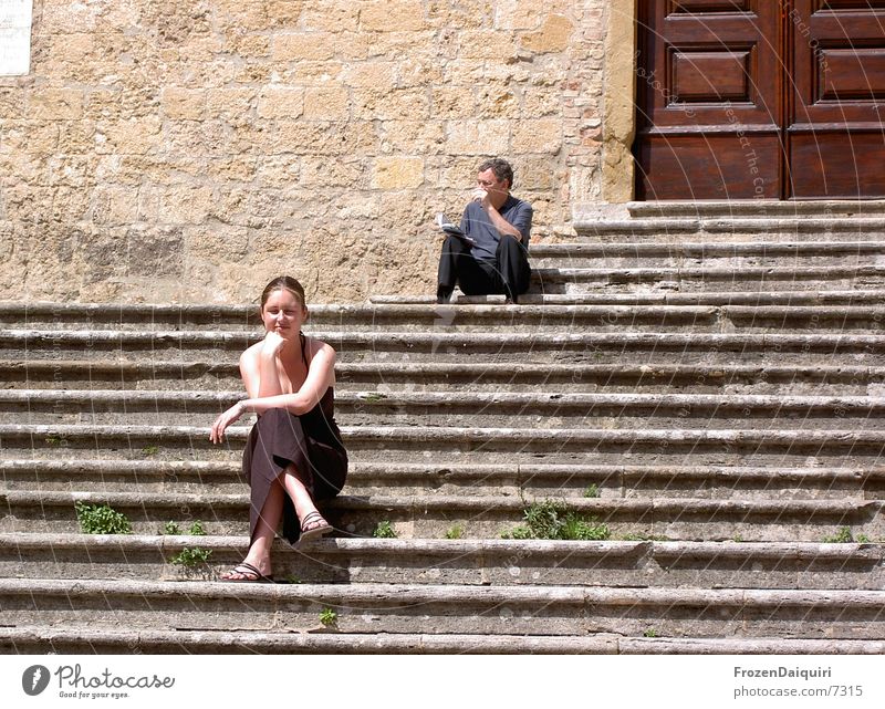 Sun-drenching seats Woman Tuscany Italy San Gimignano Vacation & Travel Leisure and hobbies Afternoon Sunbathing To enjoy Contentment Slowly Europe Sit Stairs