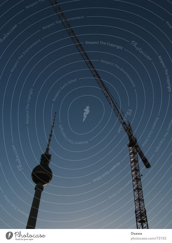 two Berlin landmarks Crane Construction site Steep Back-light Steel Half-timbered facade Outrigger Weight Lift Antenna Concrete Round Large Berlin TV Tower alex