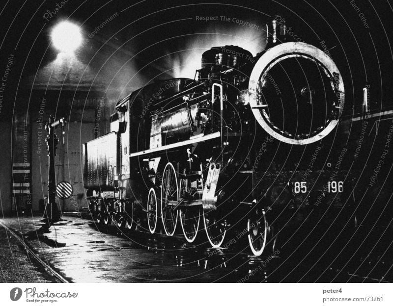 It was cozy Steamlocomotive Railroad Transport Railroad tracks Nostalgia Past Night Black & white photo