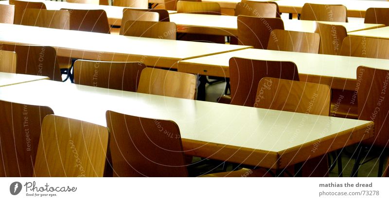 emptied Table Seating Hall Auditorium Empty Loneliness Sterile Wood Clean White Brown Chair chairs Backrest scholastic Row