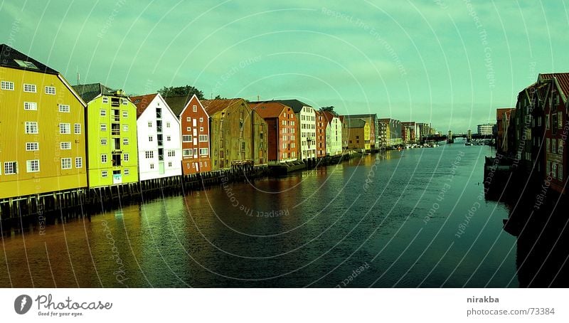 Trondheim stands on stilts Scandinavia House (Residential Structure) Housefront Reflection Norway Water Row Escape Perspective Sky Fjord Pole