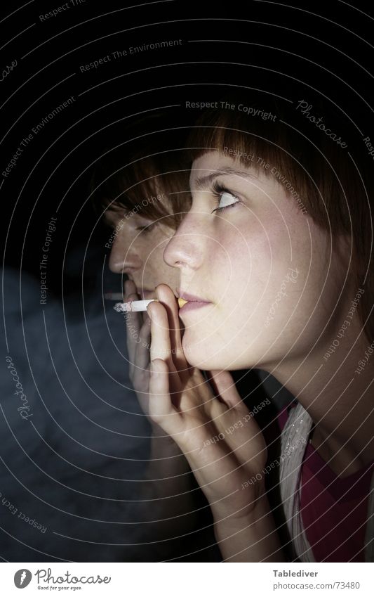 Let's smell eene, wood fairy. Portrait photograph Woman Man Cigarette Smoke Dark Night Face