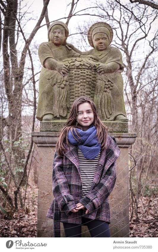 Winter Portrait before Fairy Tale Sculpture Lifestyle Human being Feminine Woman Adults Youth (Young adults) 1 13 - 18 years Child Art Autumn Plant Park Coat