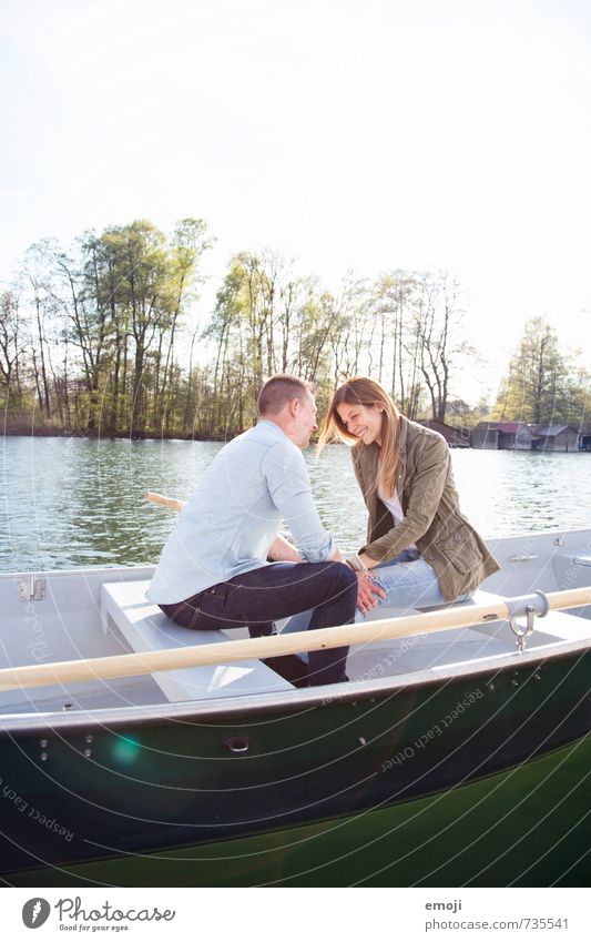 young couple on rowing boat on lake Masculine Feminine Young woman Youth (Young adults) Young man Friendship Couple 2 Human being 18 - 30 years Adults