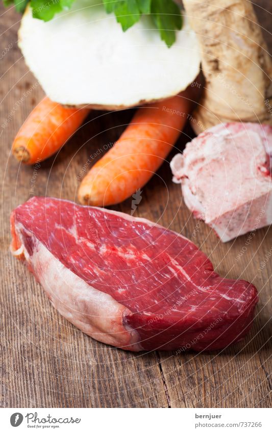 boiled beef Food Meat Vegetable Slow food Cheap Good Tafelspitz Carrot Celery Wooden board soup bone Raw soup meat Ingredients Food photograph Healthy Eating