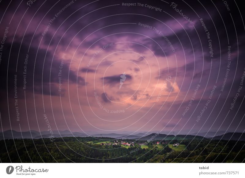 Bad weather Nature Landscape Plant Elements Air Sky Storm clouds Horizon Forest Hill Mountain Palatinate forest Village Threat Dark Far-off places Green Pink