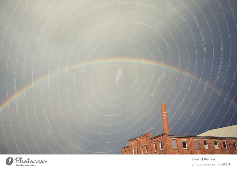 color wheel Weather Rain Factory Beautiful Rainbow Multicoloured Curve Circular Sky Above Arch Brick Brick red Old Industry Chimney Storm Clouds Colour photo