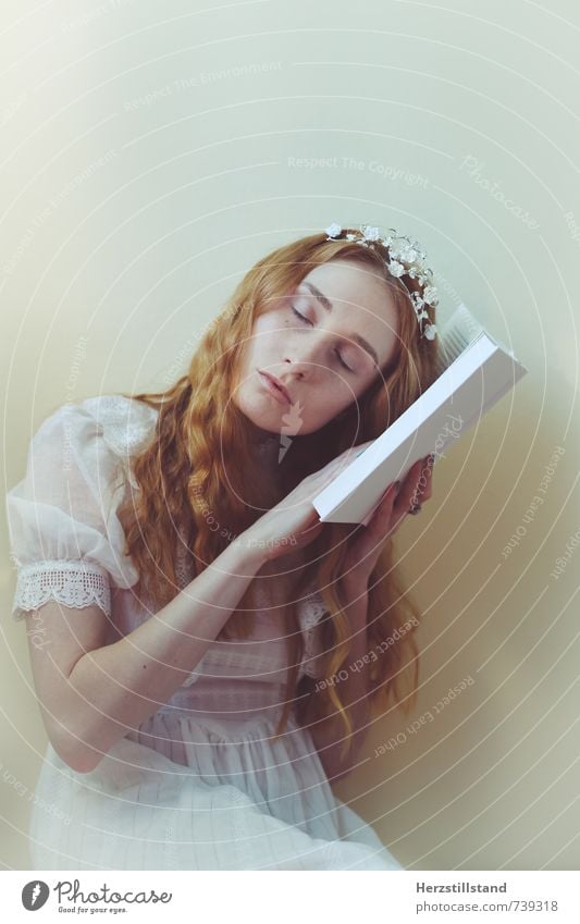 book Reading Feminine Young woman Youth (Young adults) 18 - 30 years Adults Dress Red-haired Dream Natural Colour photo Interior shot Central perspective