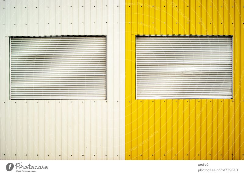 Me & Me Wall (barrier) Wall (building) Window Metal Sharp-edged Simple Closed Shutter Tin Container White Yellow Dye Colour photo Exterior shot Abstract Pattern