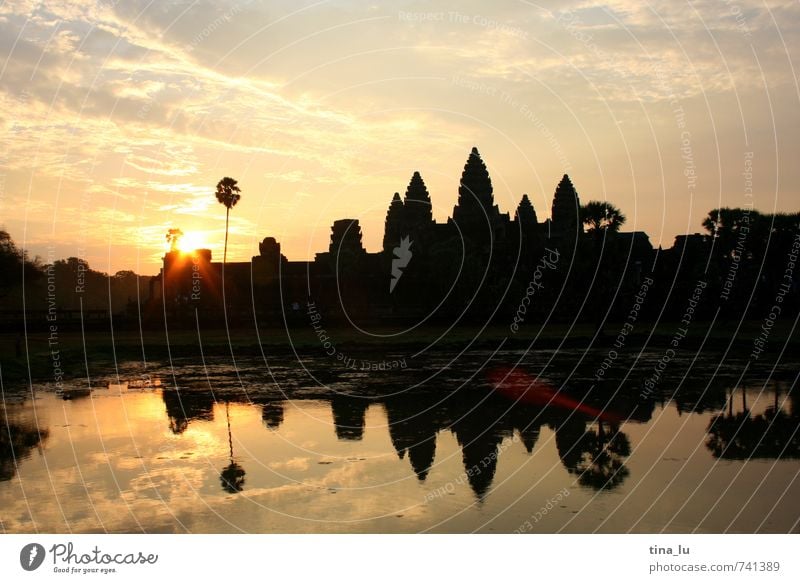 Angkor Wat II Culture Sky Pond Happy Contentment Angkor Thom Siem Reap Temple Buddhism Tower 5 early bird Lens flare Palm tree steeped in history Past Calm