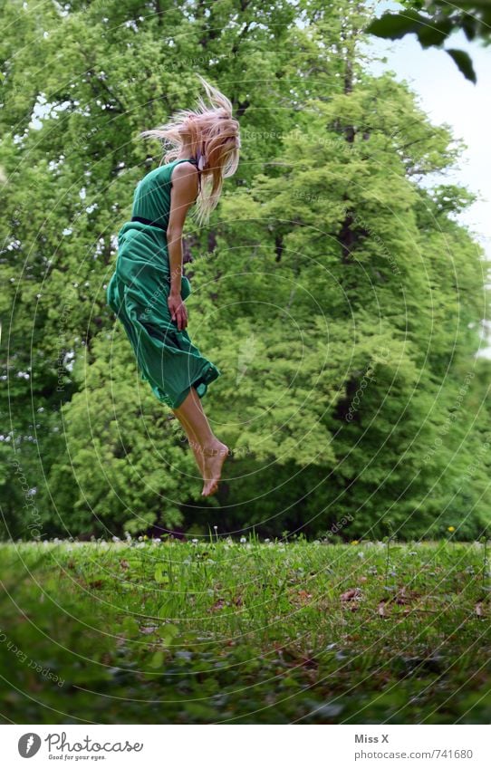 in midair Human being Feminine Young woman Youth (Young adults) 1 18 - 30 years Adults Tree Meadow Fashion Dress Blonde Long-haired To fall Flying Exceptional