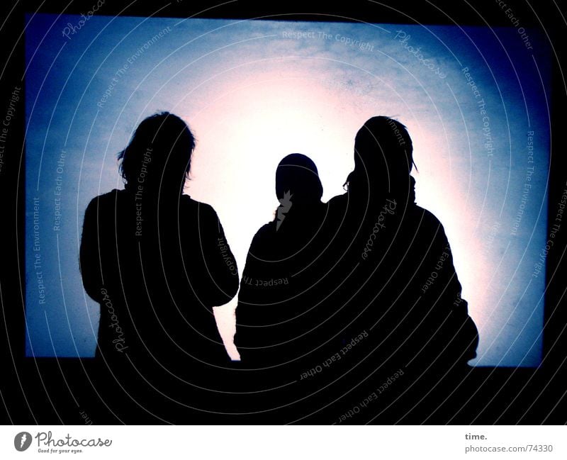 Trio Incognito Light Shadow Silhouette Winter Blue Background picture Foreground Eerie Communication Intuition Information Foreign outer space destination
