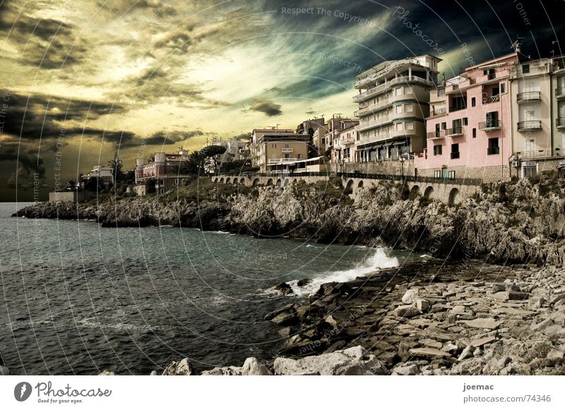 classic-old school-FX Italy Ocean Marina di Camerota Salerno Sunset Wall of rock Waves House (Residential Structure) Village Fisherman Promenade mare Sky