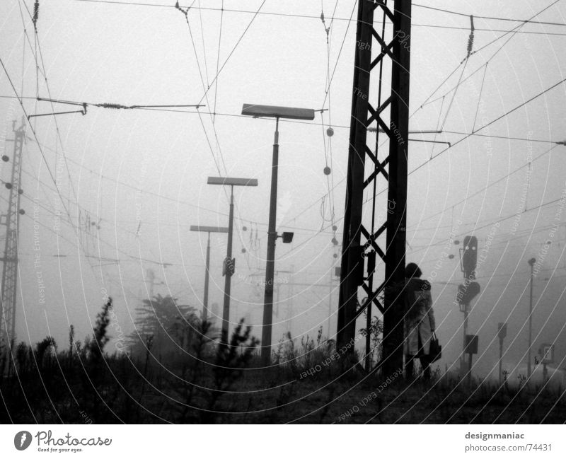 still waiting on the platform Bensheim Gray Fog Cold Black Dark White Railroad Platform Stand Coat Morning Late Time Gloomy Railroad tracks Grief Lateness