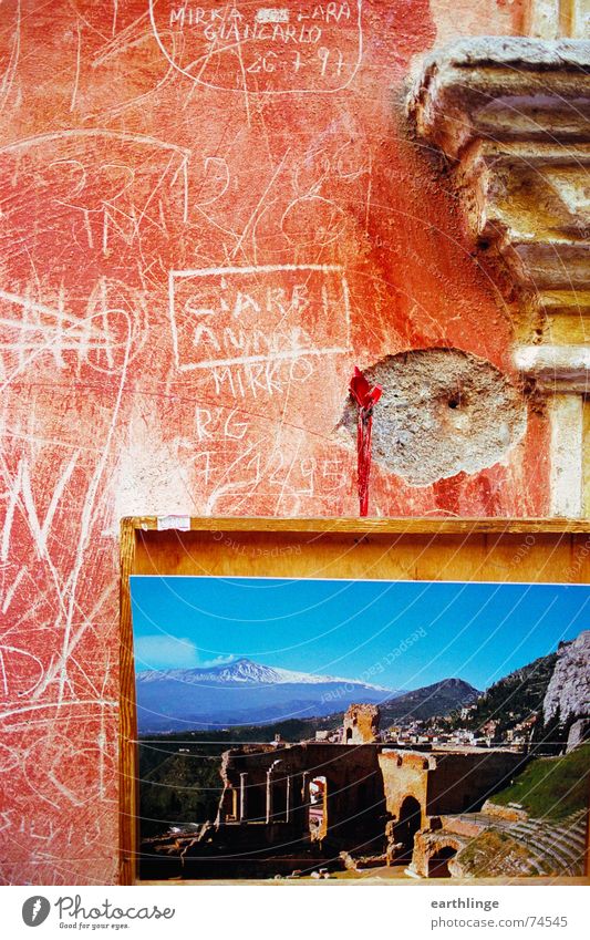 From Sicily with love Italy Taormina Mount Etna Vacation & Travel Red Scratch mark South Syracuse Summer Physics Souvenir Salutation Wanderlust Ancient Close-up