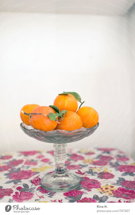 ReTro Fruit Bowl Authentic Healthy Orange Red White Tablecloth Still Life Flowery pattern Colour photo Deserted Copy Space top Copy Space middle