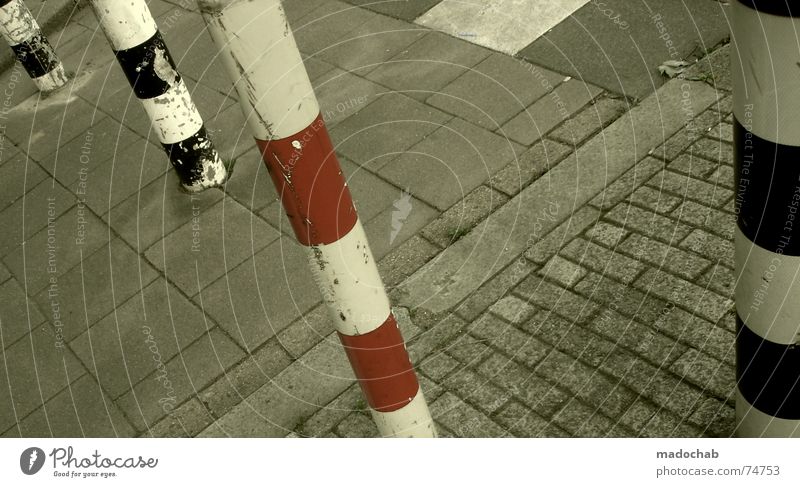 THE DIFFERENCE Town Asphalt Gray Under Pedestrian Transport Gloomy Pattern Background picture Structures and shapes Square Graphic White Gap Bollard Red Black