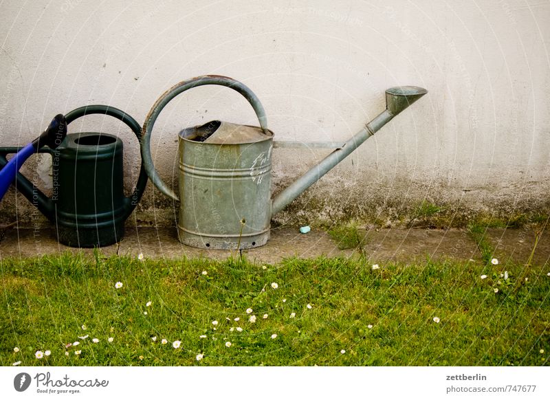 watering cans Berlin Garden Garden plot Garden allotments Town Suburb Cast Watering can Gardener Gardenhouse House (Residential Structure) Wall (building) Grass