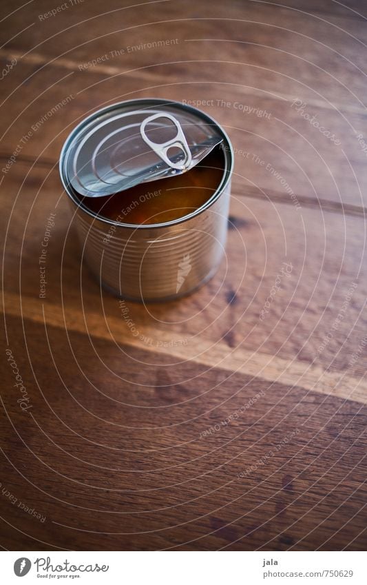 can Food Tin Firm Fast food Metalware Stability Tin of food Packaging Wooden table Colour photo Interior shot Deserted Copy Space top Copy Space bottom