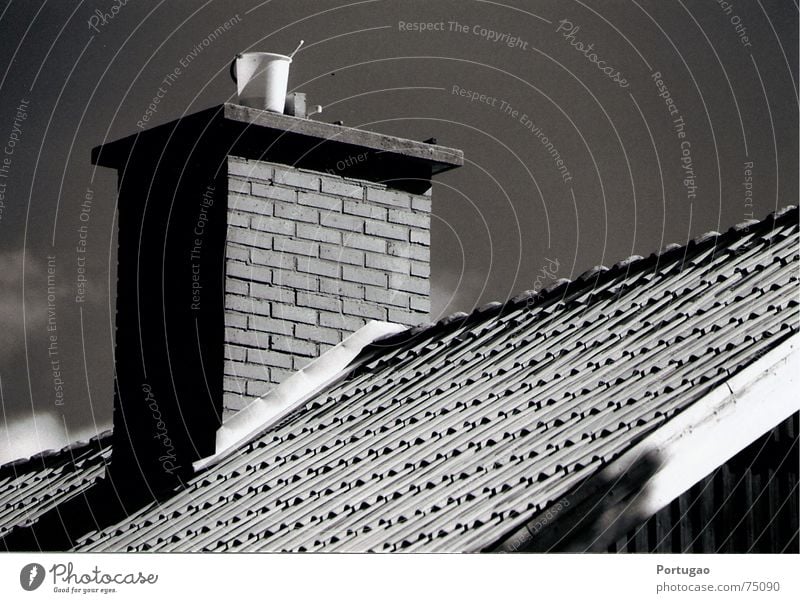 Bucket on the roof Sky Roof Brick Gray Black White Roofing tile roof ledge Black & white photo Exterior shot Deserted Shadow Sunlight Sunbeam Roof ridge