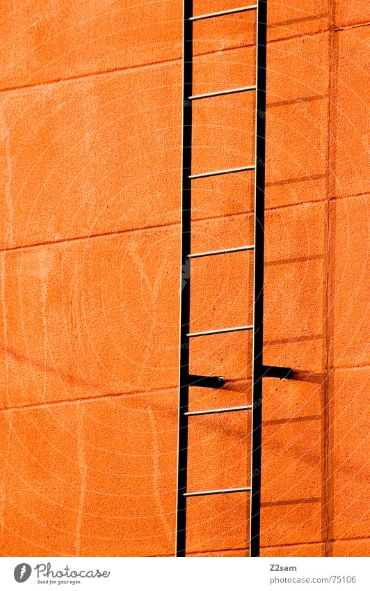 Ladder into nothing Wall (building) Flashy Fire ladder Ascending Under Rod stairs Empty Shadow Orange Colour Upward Above Metal linkage Line