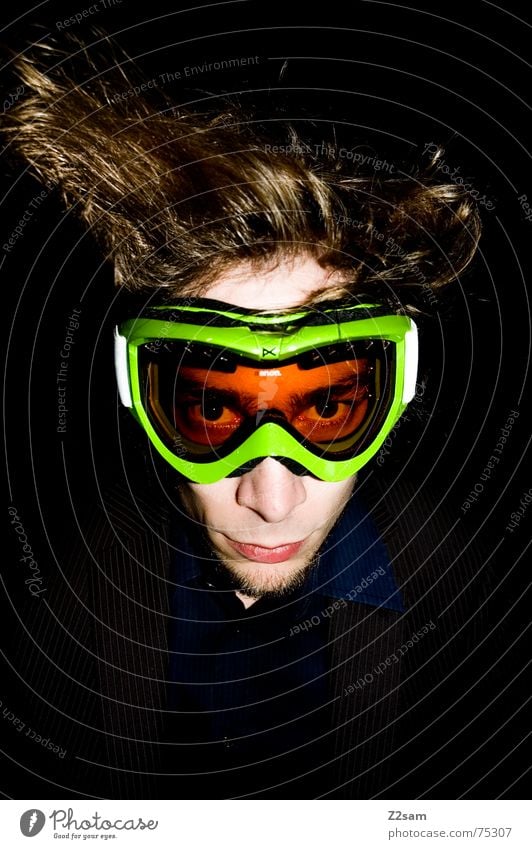 The Mask II Switch off Go crazy Crazy Style Portrait photograph Skiing goggles Man Facial expression Stand Muddled Chic snow Men Face Hair and hairstyles