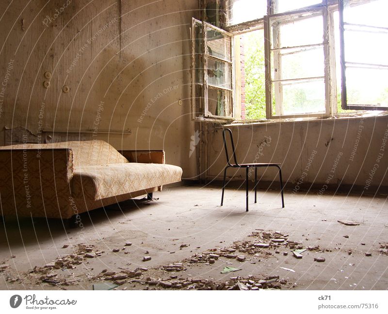 Room with a view Dirty Sofa Broken Window Light Sanitarium Historic Monument Loneliness Decline Destruction Interior shot Old Chair smashed Sun