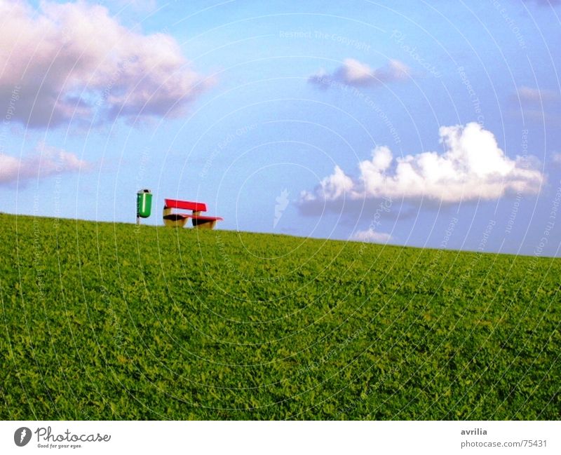 Garbage and Idyll Trash container Clouds Green Grass Meadow Dike Red White Break Calm Restorative Dream Gorgeous Summer Bench Blue Relaxation Beautiful weather