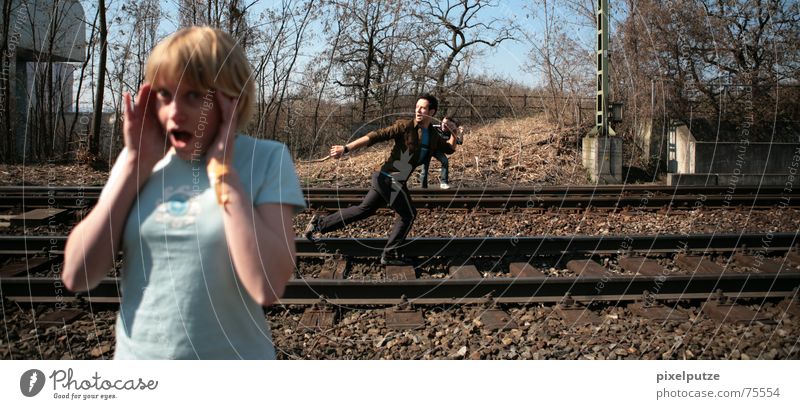 railwaysession #1 3 Transport Railroad tracks Dangerous Scream Gesture Facial expression Woman Walking Accident Hitchhiker Project railway line Threat Fear lynn
