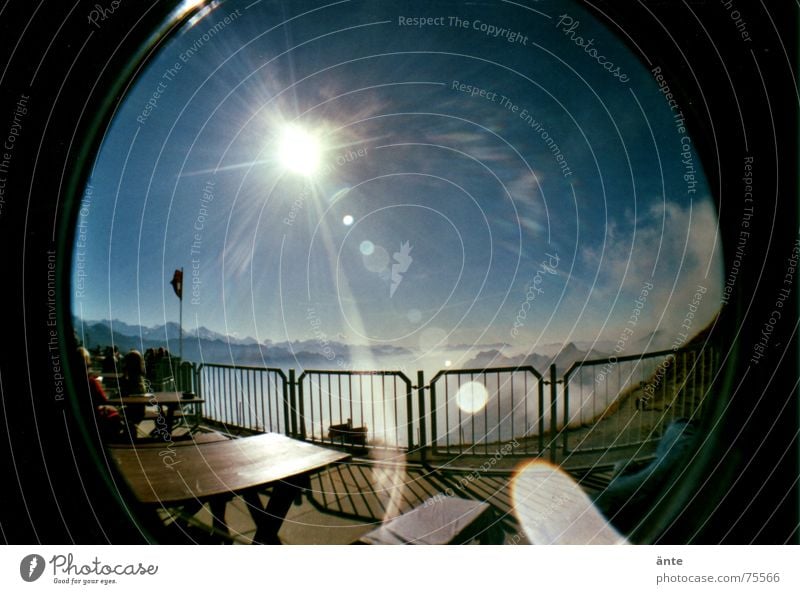 blink into the sun Footpath Escape Distorted Table Mountain restaurant Sea of fog Brienzer Rothorn Fog Hiking Dazzle Leisure and hobbies Switch off Bench Break