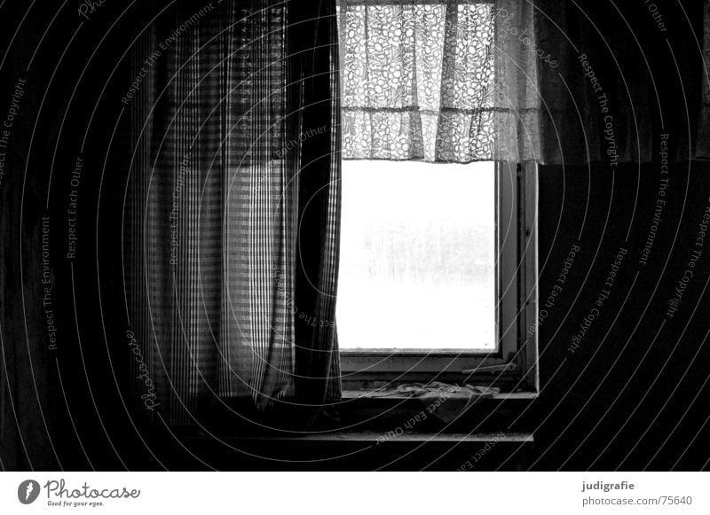 Home textiles II Curtain Window Dismantling Ruin Building House (Residential Structure) Gray Flat (apartment) Detached house Black White Wall (barrier) Plaster