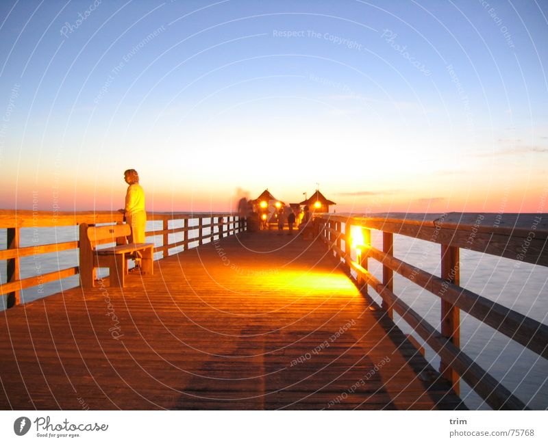 Evening at the pier Jetty Wood Ocean Woman Think Dusk Romance Footbridge Relaxation Calm Contentment Exterior shot Long exposure Sky Clarity find oneself
