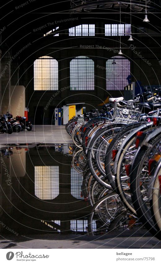 Roof damage2 Bicycle Puddle Reflection Window Illuminate Motorcycle Passage Transport Wiesbaden Dark Train station Damage leg Detail Bright Contrast