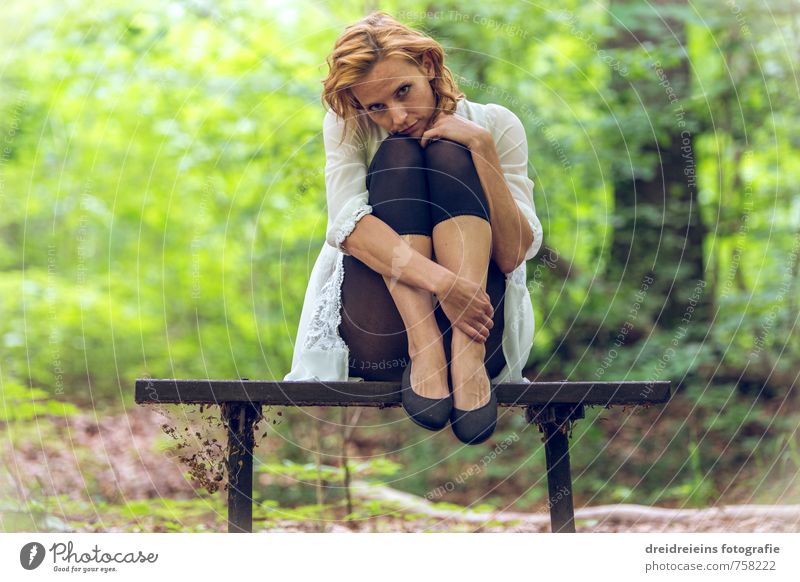 The bank in the forest Human being Feminine Young woman Youth (Young adults) 1 Nature Beautiful weather Hair and hairstyles Observe Think Sit Dream Esthetic
