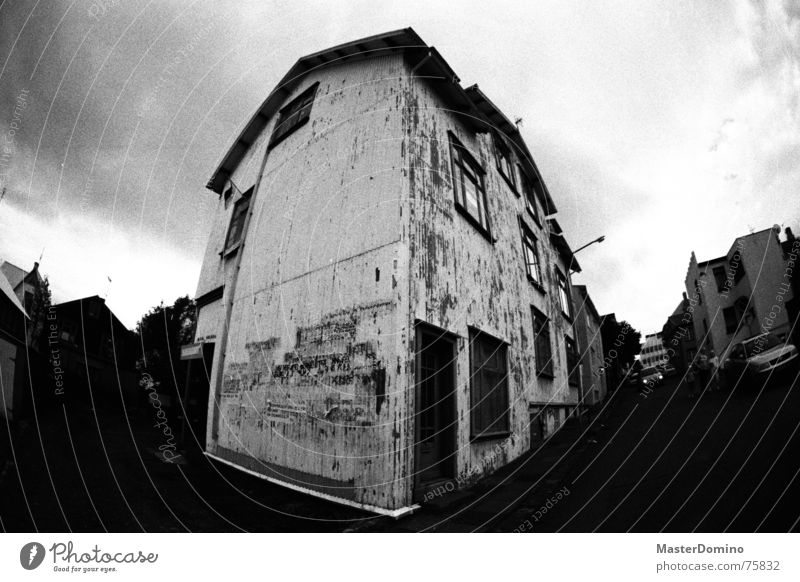 Corrugated iron, baby! House (Residential Structure) Corrugated sheet iron Clouds Dramatic Fisheye Poster Window Entrance Building Roof Analog Sky
