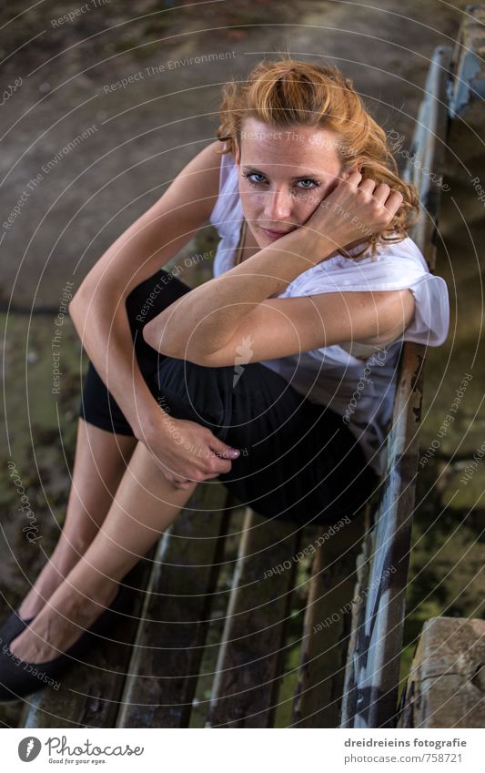 I wonder what she's thinking. Elegant Human being Feminine Young woman Youth (Young adults) 1 Shirt Pants Hair and hairstyles Observe Touch To enjoy Smiling