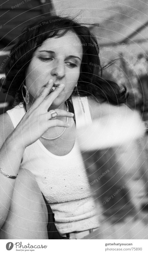 roken is doddelijk Woman Portrait photograph Upper body Beer Beverage Gastronomy Summer Cigarette Earnest Concentrate Beer garden Beautiful Looking