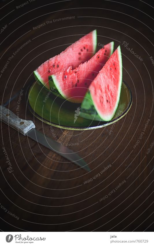 melon Food Fruit Melon Nutrition Organic produce Vegetarian diet Finger food Plate Knives Healthy Delicious Sweet Appetite Wooden table Colour photo