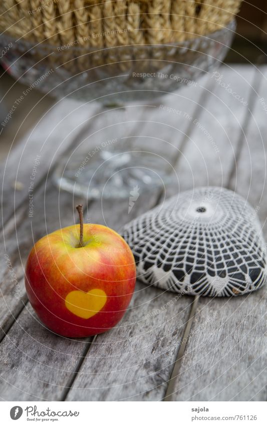 sweetheart Food Fruit Apple Stone Wood Glass Sign Heart Lie Gray Red Decoration Wooden table Table decoration Ear of corn Crocheted Still Life Thanksgiving