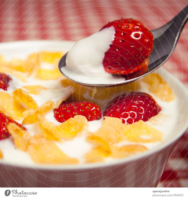 breakfast Food Yoghurt Dairy Products Fruit Breakfast Diet Feeding Yellow Red White Sweet and sour Tasty Healthy Nutrition Strawberry Cornflakes Tablecloth