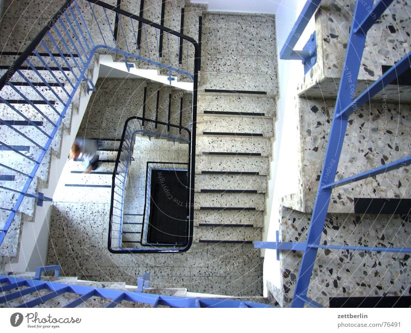 staircase Winding staircase Granite Terracotta Staircase (Hallway) Upward Downward Go up Career Man Stairs Landing Handrail Blue Descent Insolvency Human being