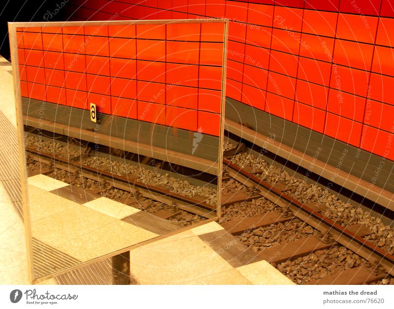 Mirror Mirror ... Warning stripes Frankfurter Allee Underground tunnel Red Mirror image Railroad tracks Black Platform Room Tunnel u5 Tile Line Train station