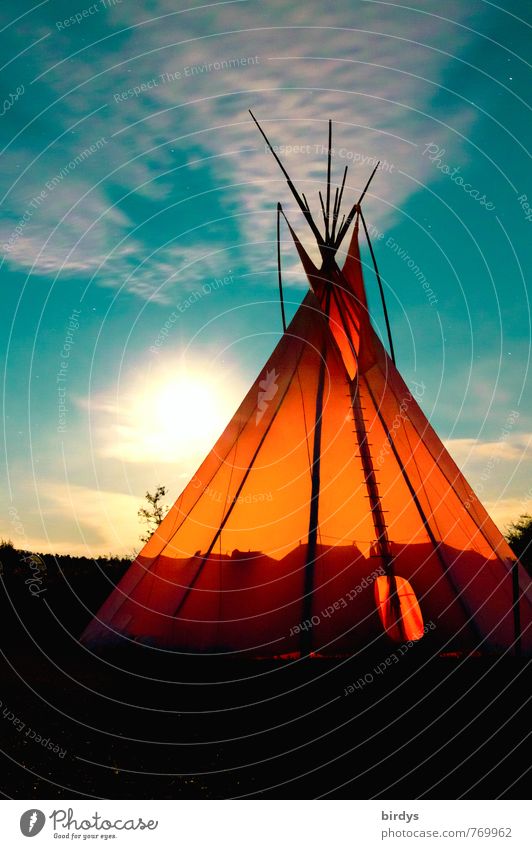 Tipi , long exposure at night under full moon Tee Pee Adventure Summer Camp fire atmosphere Nature Sky Clouds Full  moon Native Americans Indian tent Camping
