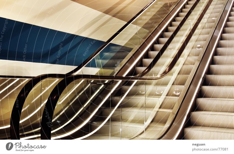 ascent Go up Escalator Story Driving Rubber Wall (building) Stripe Yellow Reflection Light Stairs Above glass Metal Blue DRI cut reflections