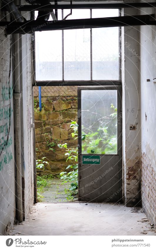 ESKAPEEE Industrial plant Factory Building Door Emergency exit Monument Old factory Salzmann Gray White Decline Uninhabited Colour photo Deserted