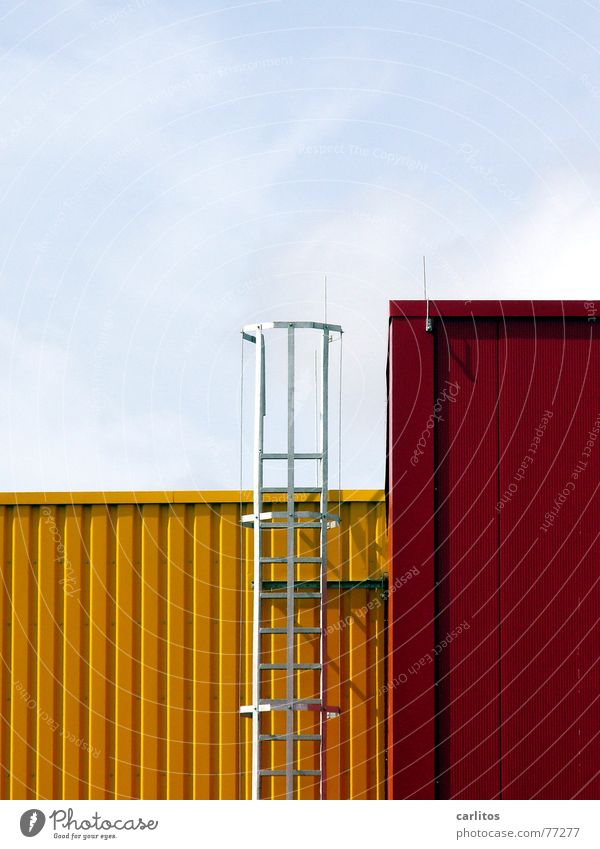 Architecture Tetris Structures and shapes Logistics Delivery Facade Tin Safety Go up Yellow Red tetris Cube Industrial Photography Warehouse Storage Mask Ladder
