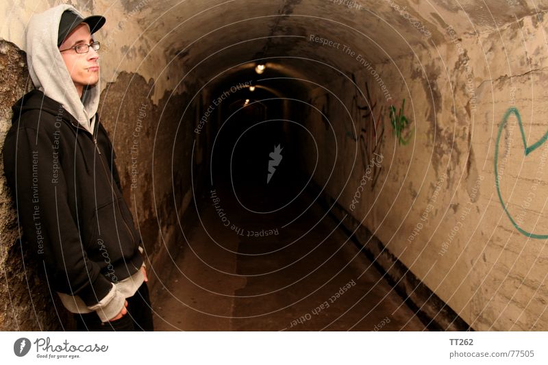 tunnel vision Tunnel Dark Man Eyeglasses Lamp Loneliness Human being Shadow